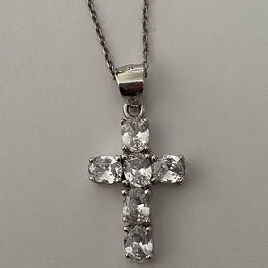 925 Silver cross necklace oval clear cubic cz zirconia cz stones